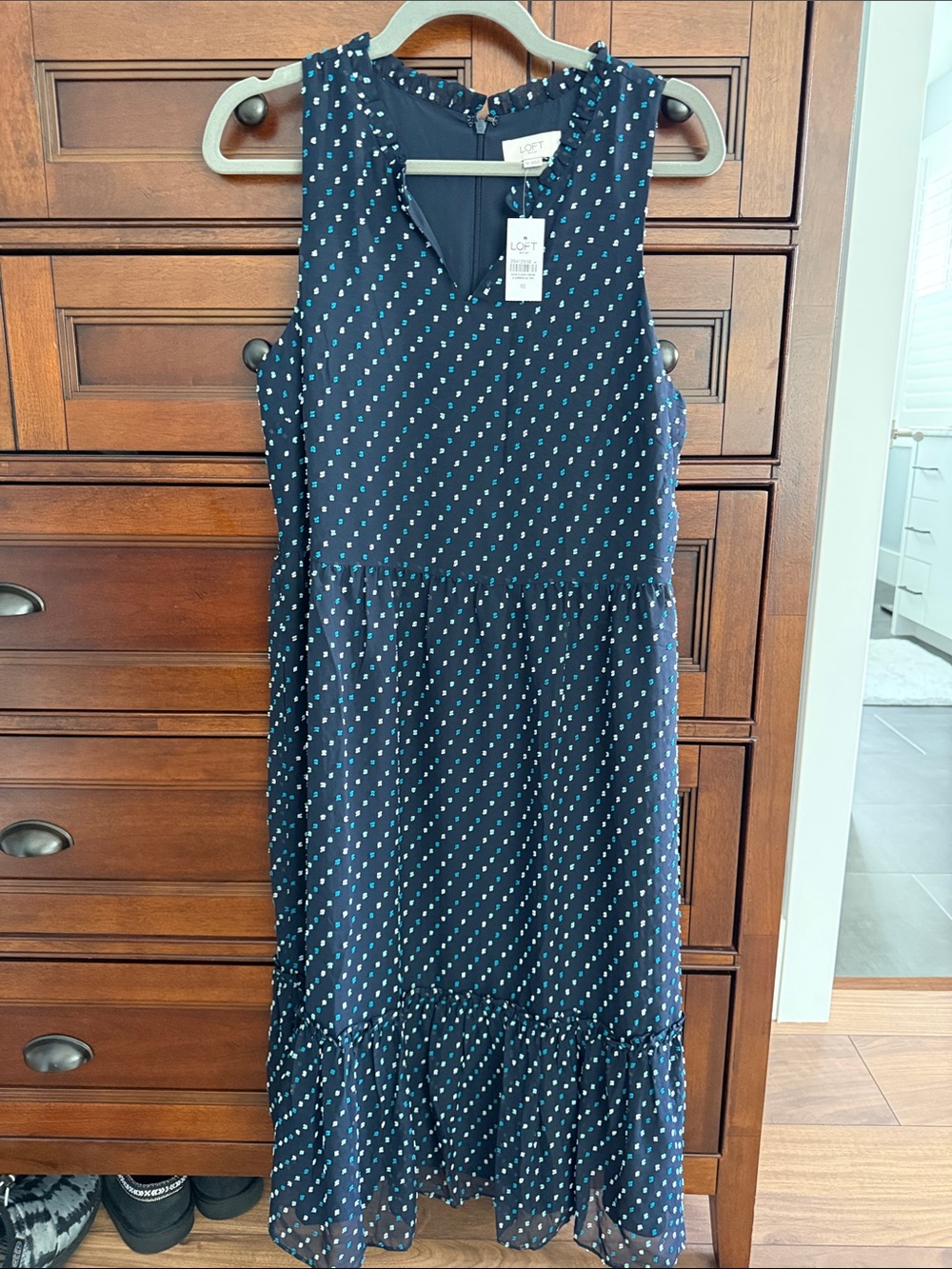 LOFT Navy Sleeveless Midi Dress with White Polka Dots